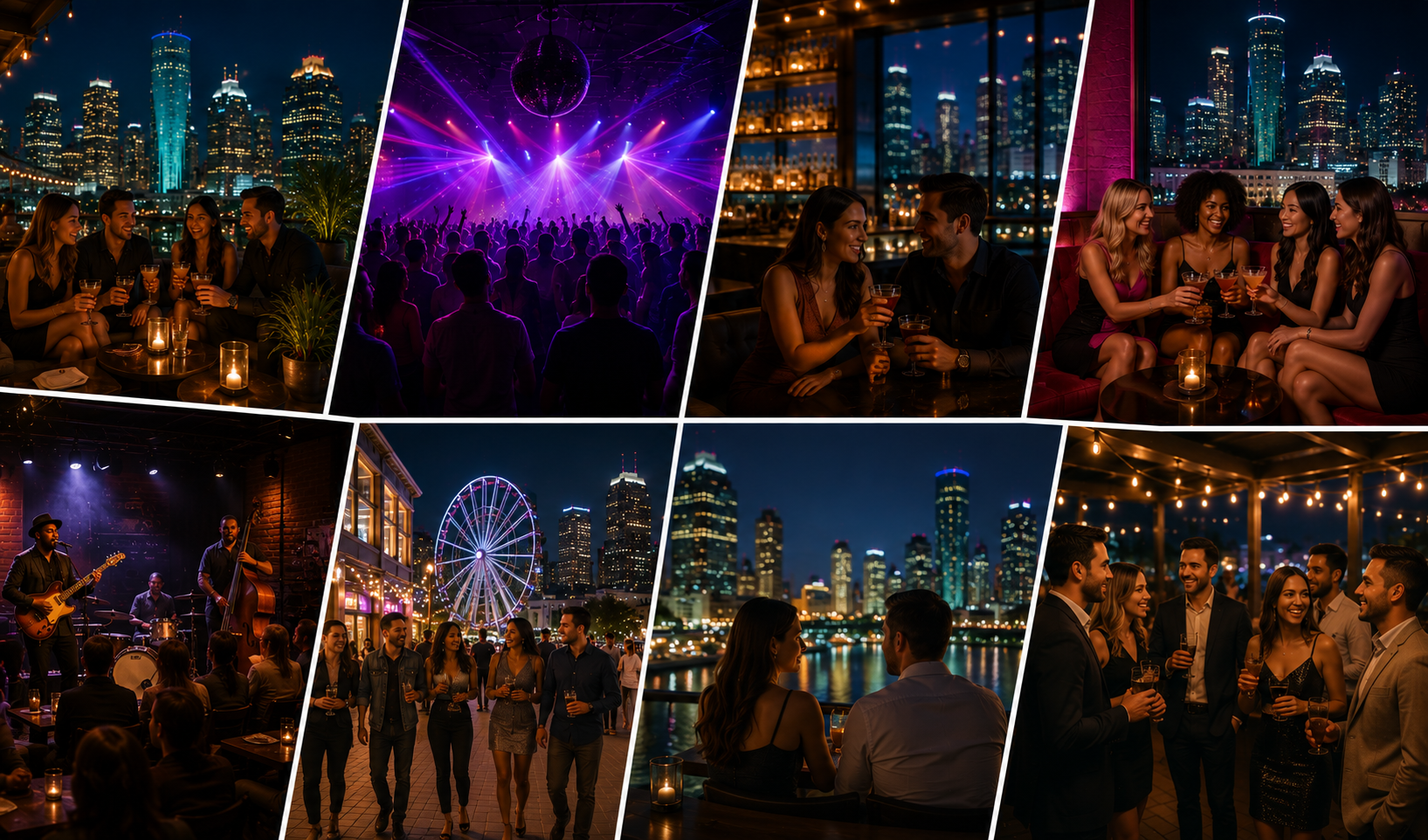 Groups enjoying Houston nightlife with rooftop lounges, live music, cocktail bars, waterfront venues, and vibrant entertainment districts.